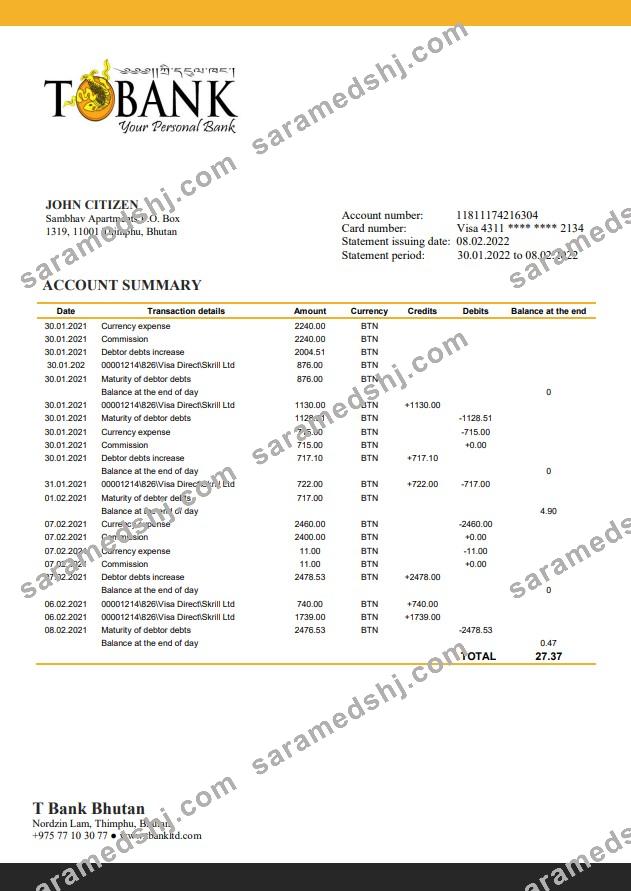 Bhutan T Bank statement